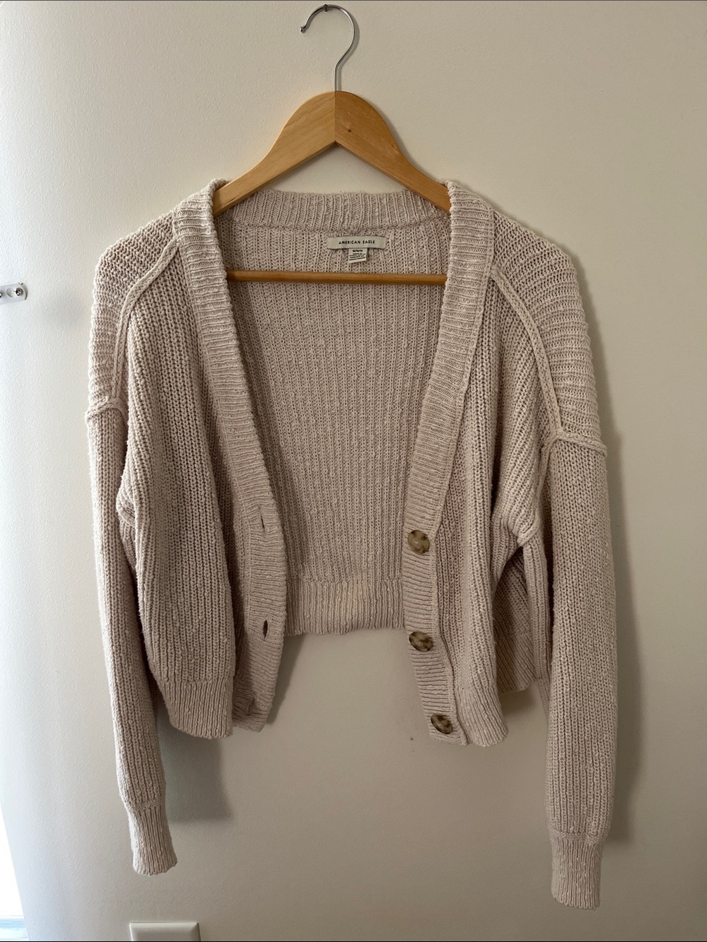 American Eagle Outfitters Light Beige Cropped Button-Front Cardigan
